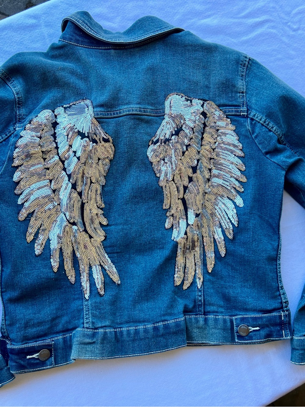 VENUS Blue Denim Jacket with Sequin Angel Wings